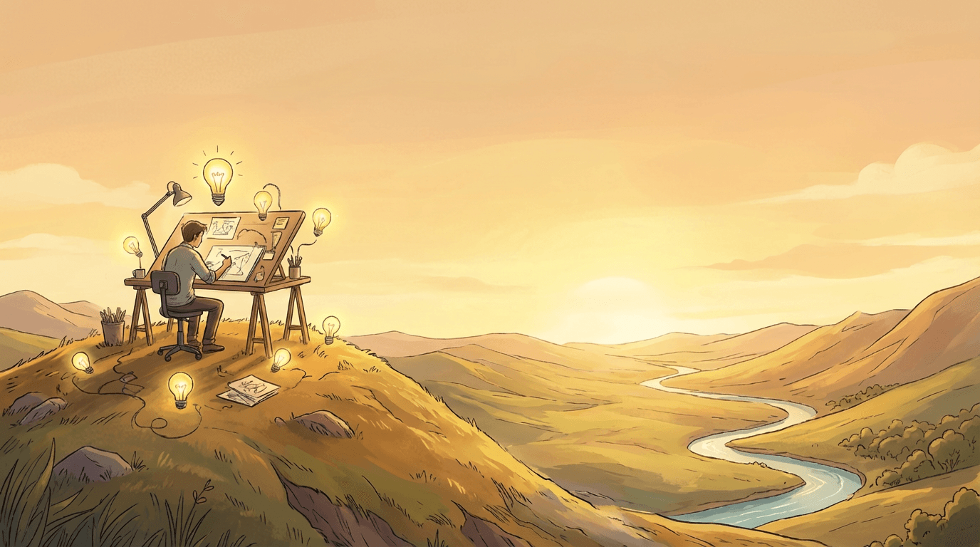 Creative workspace with ideas represented as lightbulbs on a hilltop at sunset